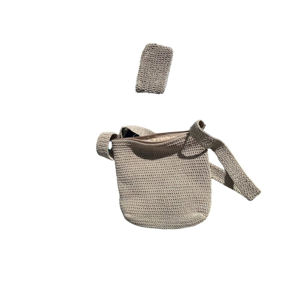 Tan woven purse with attached coin purse